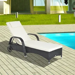 Outsunny Adjustable Wicker Rattan Sun Lounger Recliner Chair With Cushion Black