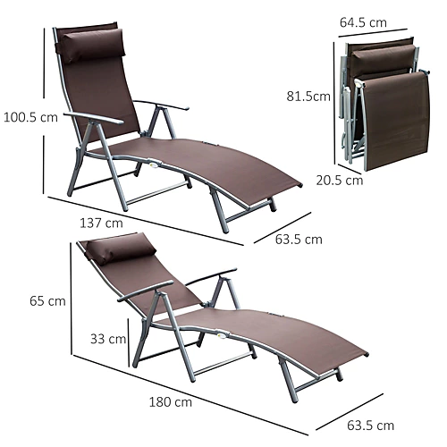 Outsunny Sun Lounger Recliner Foldable 7 Levels Texteline Brown 3 Outsunny Sun Lounger Recliner Foldable 7 Levels Texteline Brown - Image 3