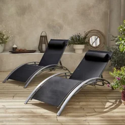 Pair Of Aluminium And Textilene Sun Loungers 4 Reclining Positions Headrest Included Stackable - Louisa - Anthracite Frame Bla