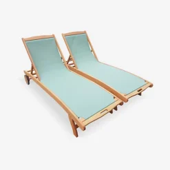 Pair Of FSC Eucalyptus And Textilene Sun Loungers - Natural Wood Colour Sage Green Textilene - Marbella