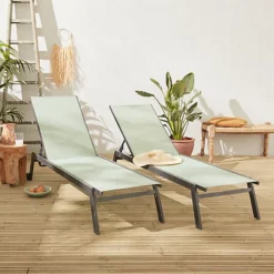 Pair Of Multi-position Aluminium Sun Loungers With Wheels - Elsa - Anthracite Frame Sage Green Textilene Fabric