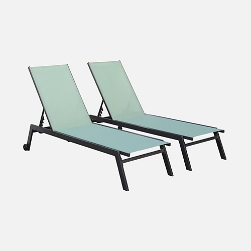Pair Of Multi-position Aluminium Sun Loungers With Wheels - Elsa - Anthracite Frame Sage Green Textilene Fabric 2 Pair Of Multi-position Aluminium Sun Loungers With Wheels - Elsa - Anthracite Frame Sage Green Textilene Fabric - Image 2