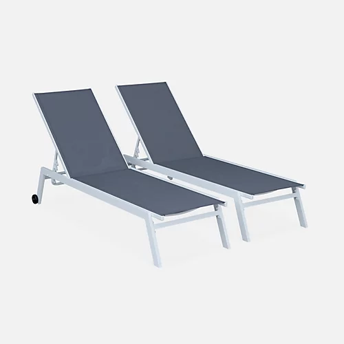 Pair Of Multi-position Aluminium Sun Loungers With Wheels - Elsa - White Frame Grey Textilene Fabric 2 Pair Of Multi-position Aluminium Sun Loungers With Wheels - Elsa - White Frame Grey Textilene Fabric - Image 2