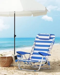 Portable Beach Chair With Removable Headrest, Folding Beach Chair With Backrest, Adjustable Backrest Up To 180, With Cup Holder