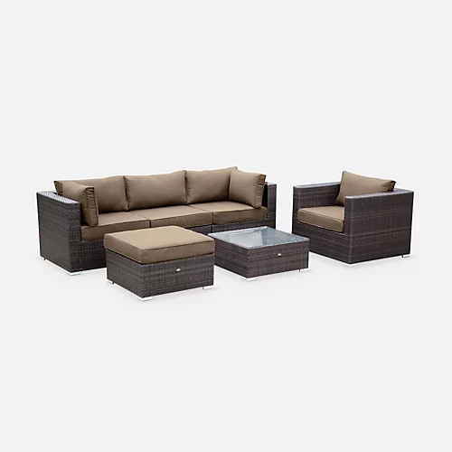 Ready Assembled 5-seater Polyrattan Garden Sofa Set - Sofa Armchair Coffee Table - Caligari - Brown Rattan Chocolate Cushions 2 Ready Assembled 5-seater Polyrattan Garden Sofa Set - Sofa Armchair Coffee Table - Caligari - Brown Rattan Chocolate Cushions - Image 2