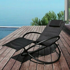 Schallen Garden & Outdoor Breathable Heavy Duty Steel Rocking Folding Lounger Chair With Pillow (Black)