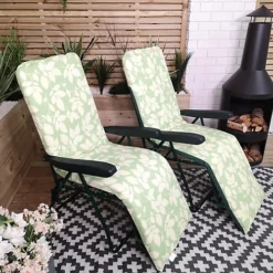 Set Of 2 Padded Outdoor Garden Patio Recliner / Sun Lounger Green With Leaf Pattern