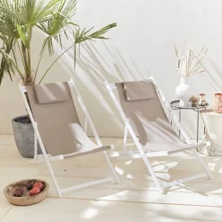 Set Of 2 Sun Loungers - Adjustable Deck Chairs With Headrests Made From Aluminium Frame - Gaia - White Frame Brown Textilene