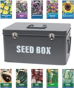 Simpa Grey Seed Storage Utility Tin With 10PK Starter Vegetable & Flower Seed Packets.