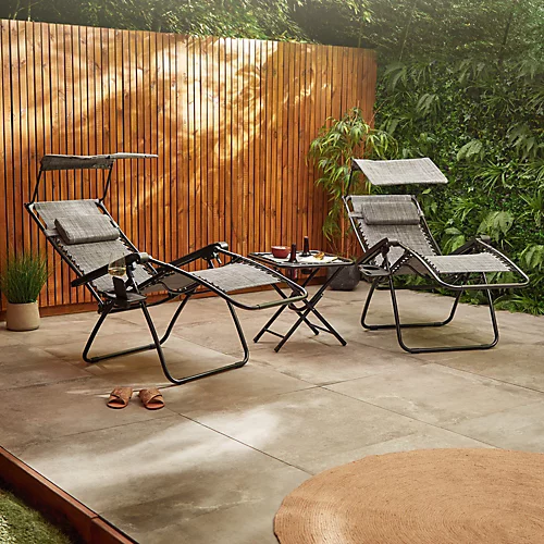 VonHaus Canopy Zero Gravity Chairs & Side Table Set, Set Of 2 Weather Resistant Folding Textoline Recliner Loungers With Sun Shade 3 VonHaus Canopy Zero Gravity Chairs & Side Table Set, Set Of 2 Weather Resistant Folding Textoline Recliner Loungers With Sun Shade - Image 3